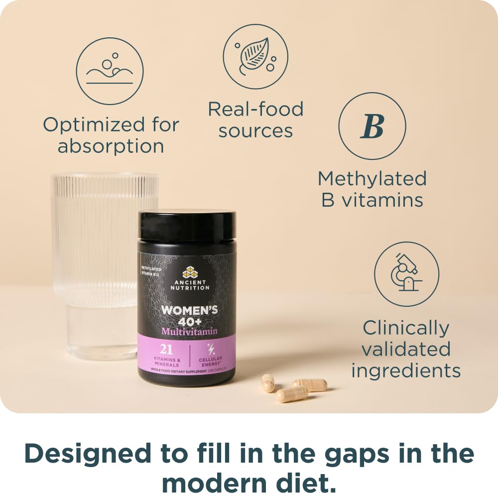 Ancient Nutrition blend and ingredients showcased, including Fo-Ti and Dong Quai.