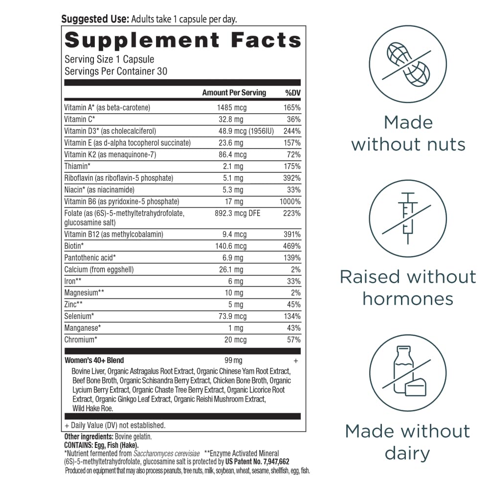 Ancient Nutrition Women's 40+ multivitamin tablets closeup shows convenient daily capsule use.