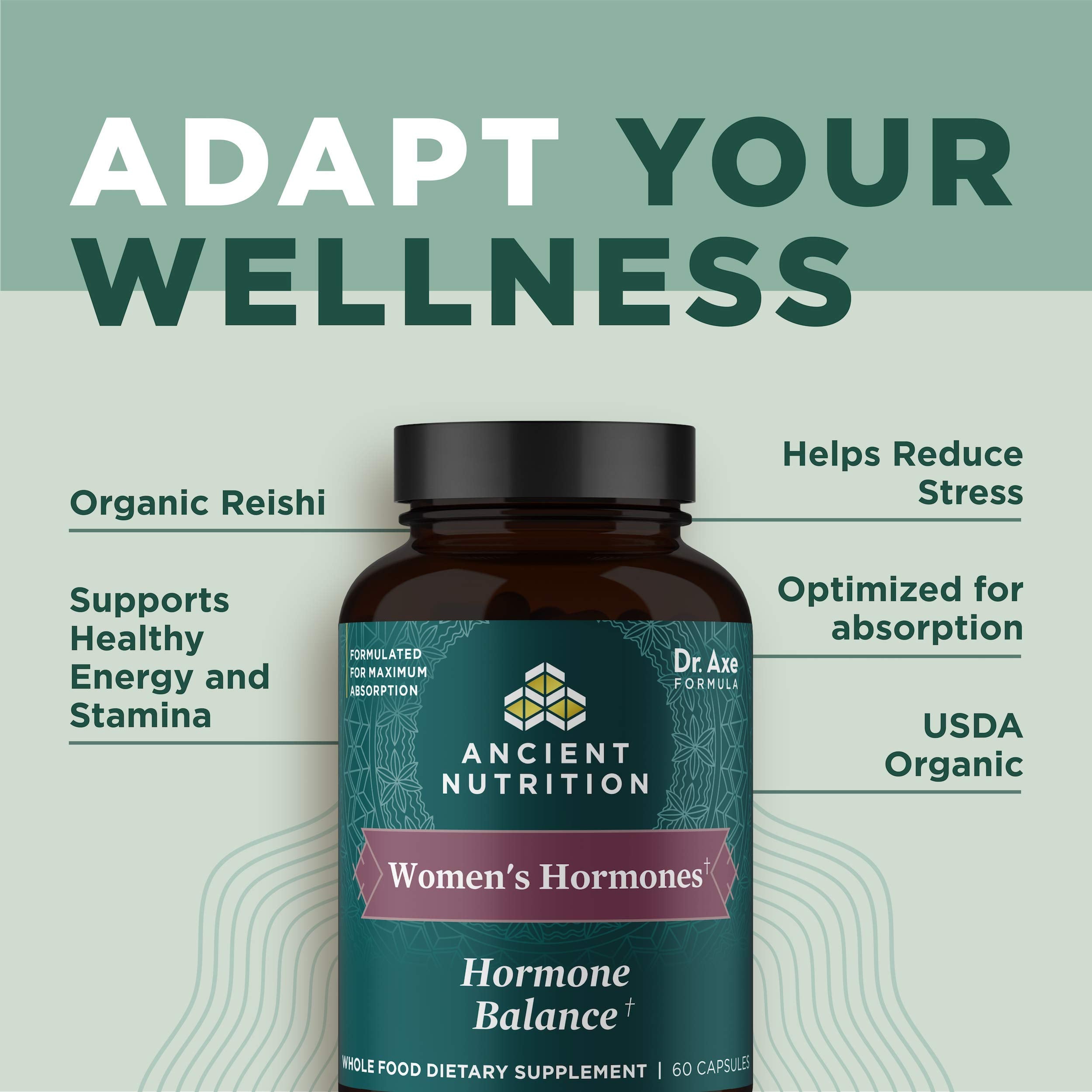 Capsules arranged on bottle, Ancient Nutrition Women's Hormones
