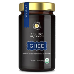 Ancient Organics Ghee jar closeup highlighting premium texture for high-heat cooking