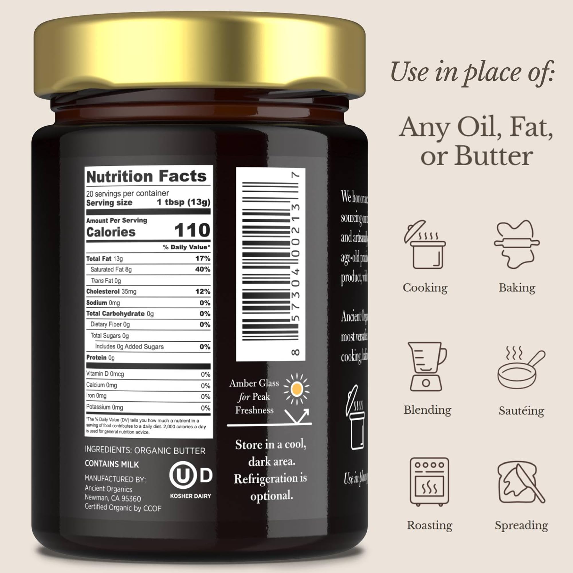 Ancient Organics Ghee label with USDA Kosher seal and product details