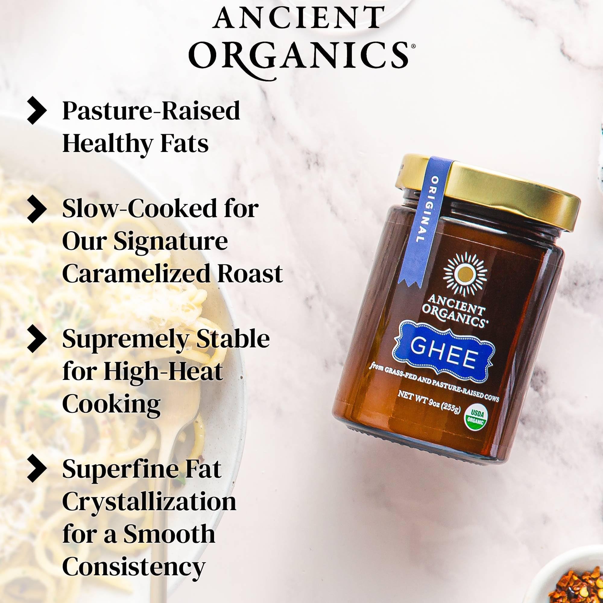 Ancient Organics Ghee nutrition panel highlighting vitamins and omega content