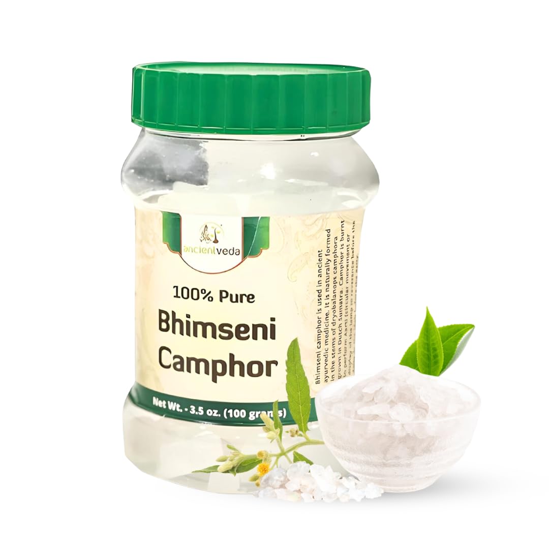 Ancientveda Bhimseni camphor tablet packaging shows purity and premium quality.