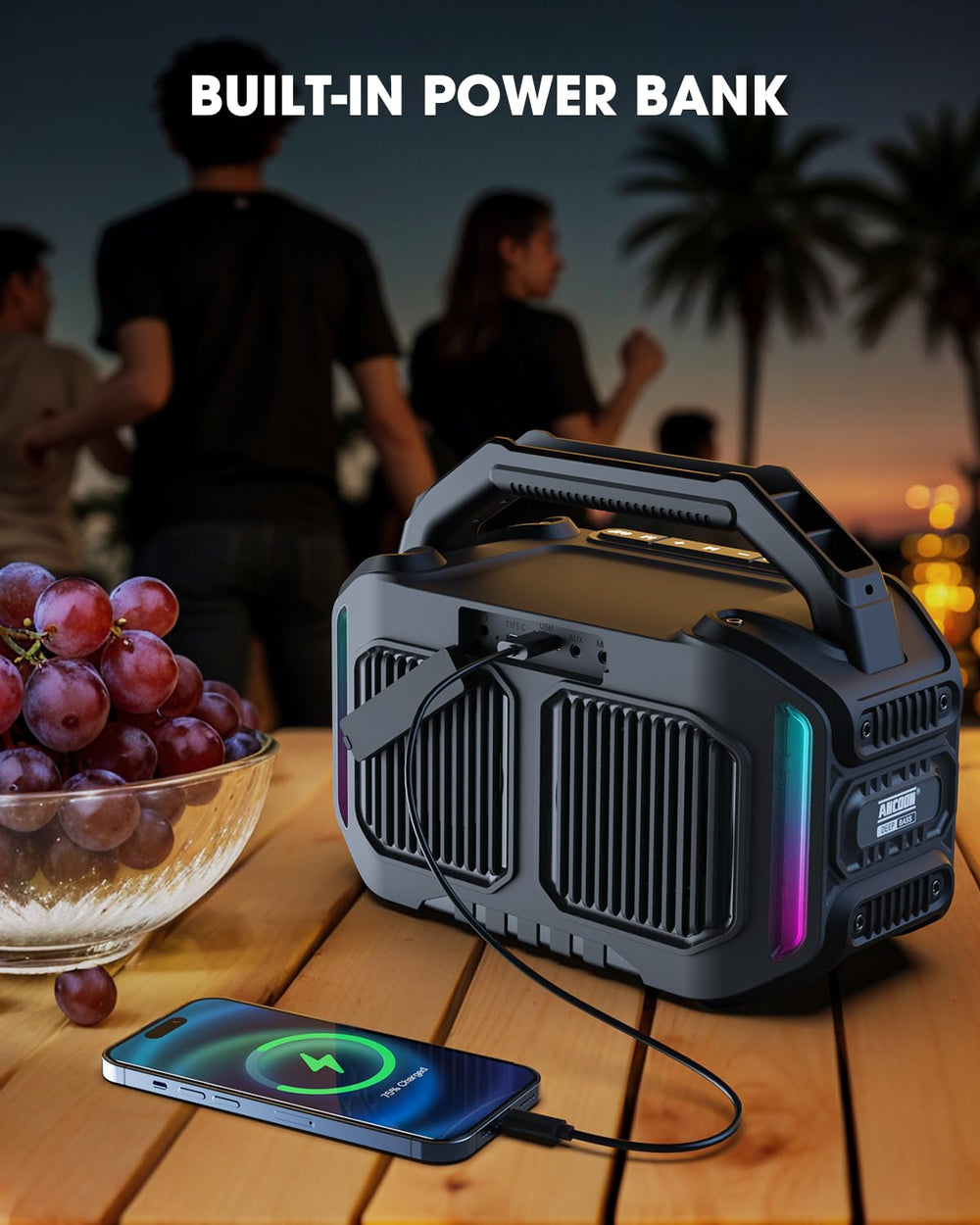 ANCOON speaker front view showing rugged, travel-ready design.