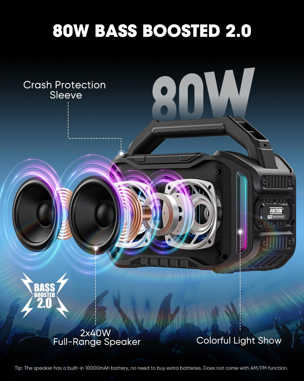 ANCOON speaker with LED lights enhances party mood outdoors.