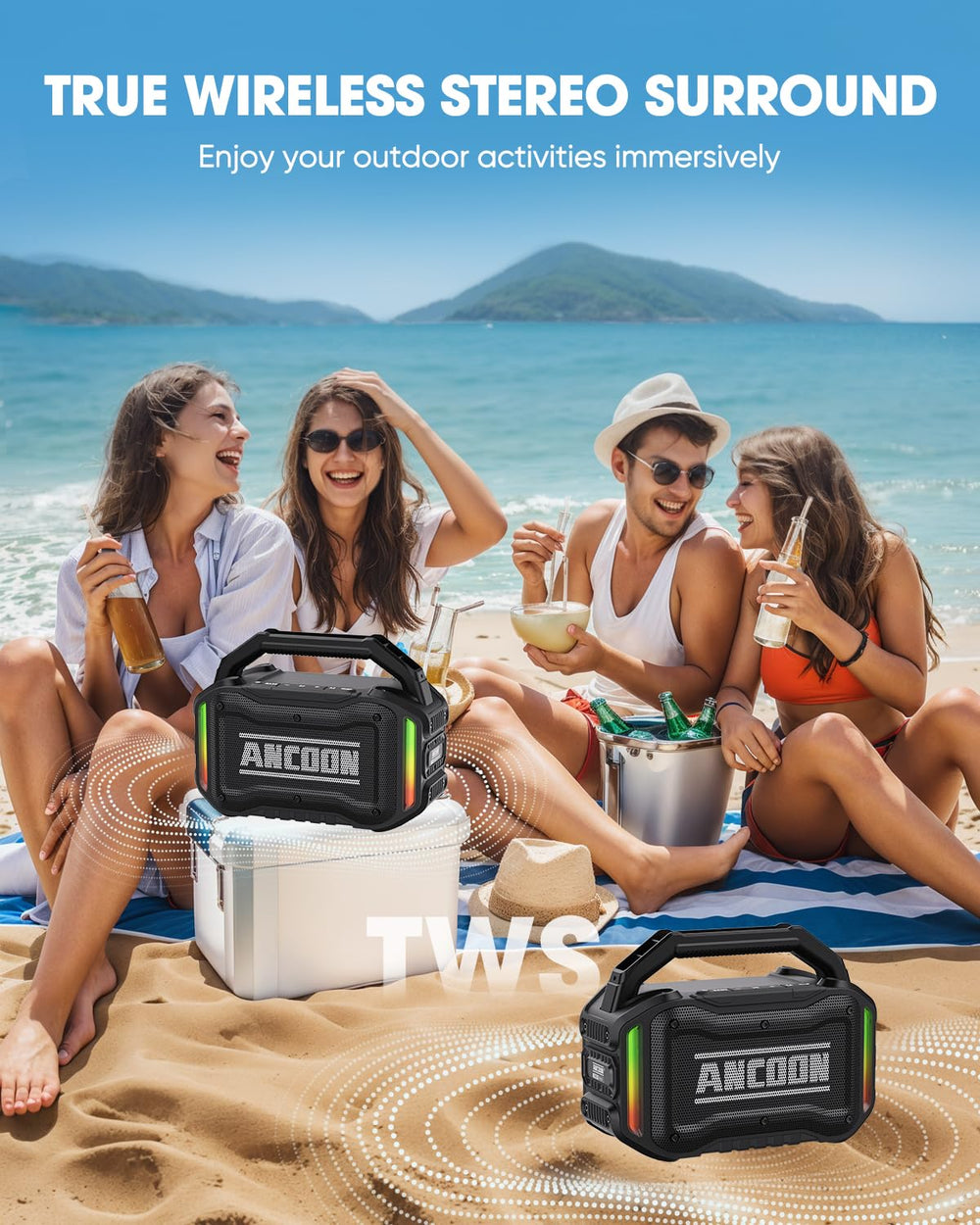 ANCOON speaker supports TWS pairing for immersive stereo sound.