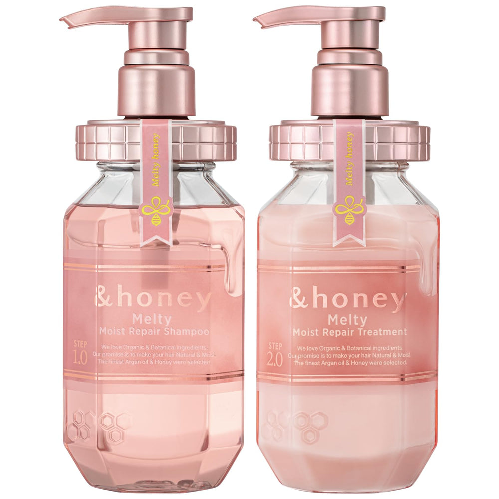 & Honey Melty Moisture Shampoo bottle boosts hydration for frizz-prone hair.