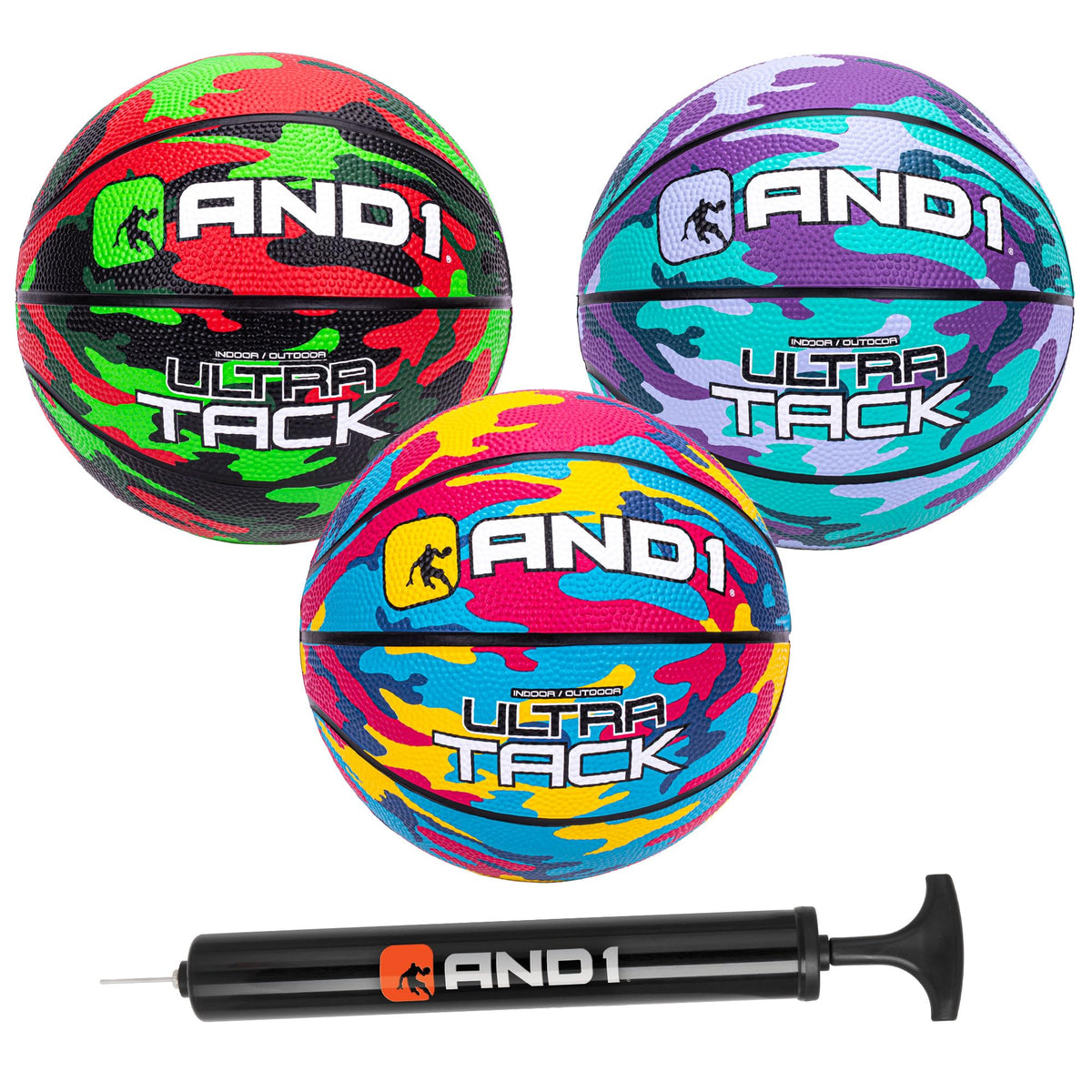 AND1 mini basketball set pack shot showing three balls for versatile indoor or outdoor play.
