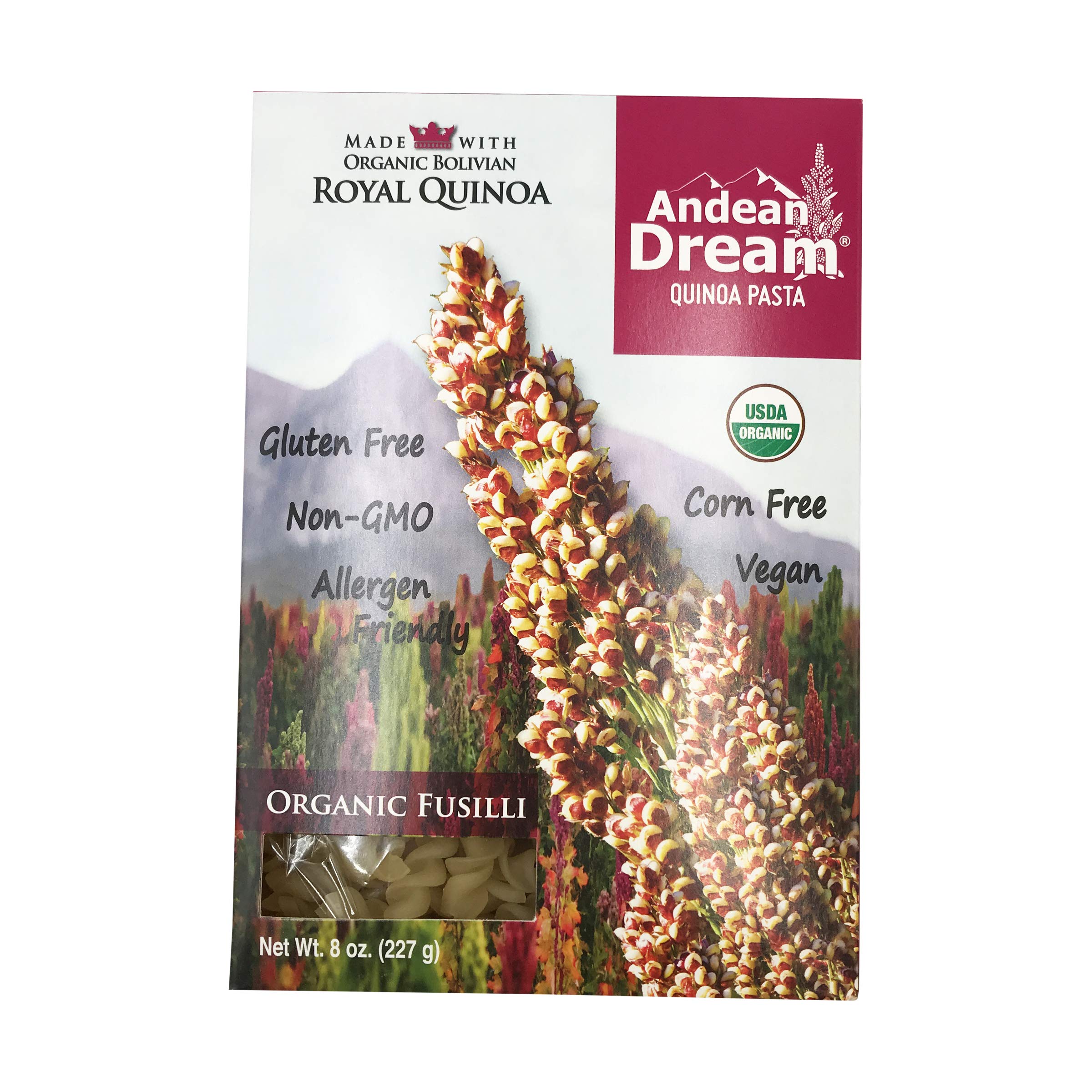 Andean Dream organic quinoa fusilli package front, gluten-free option for meals