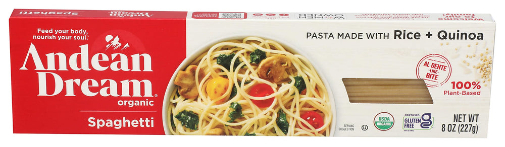 Andean Dream Spaghetti Quinoa organic pasta packaging for quick protein meals.