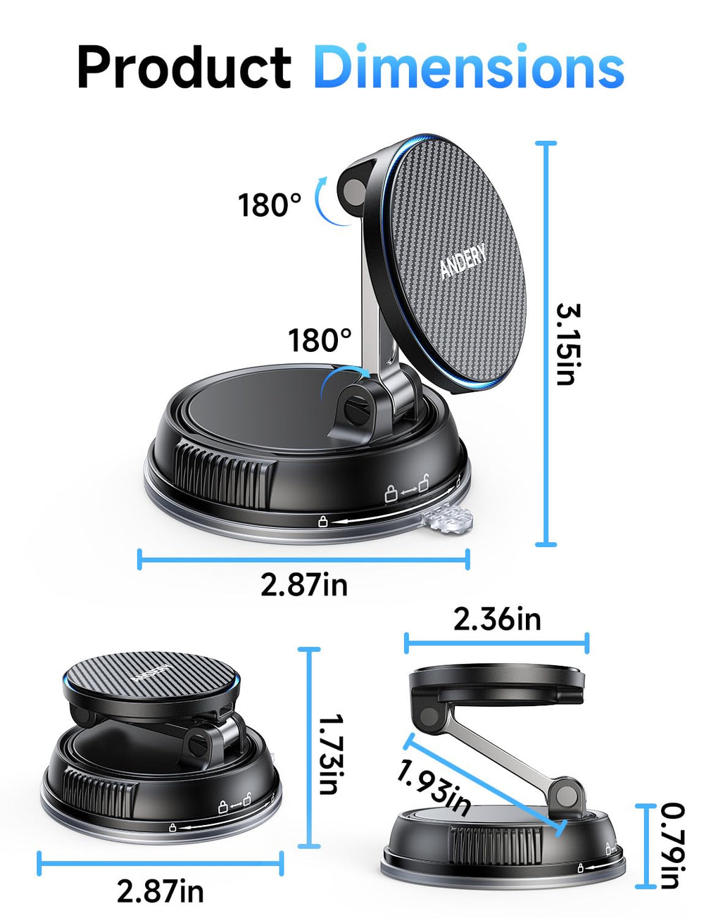 Andery easy snap-on setup supports one-second attachment for hands-free driving.