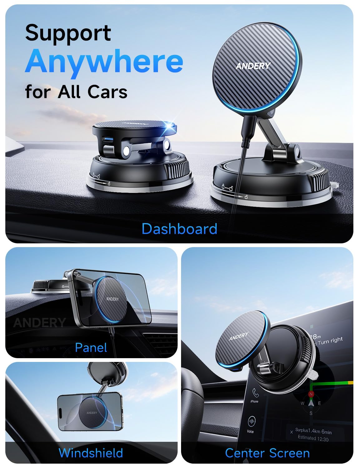 Andery MagSafe car mount folding dual-axis arms for compact storage.