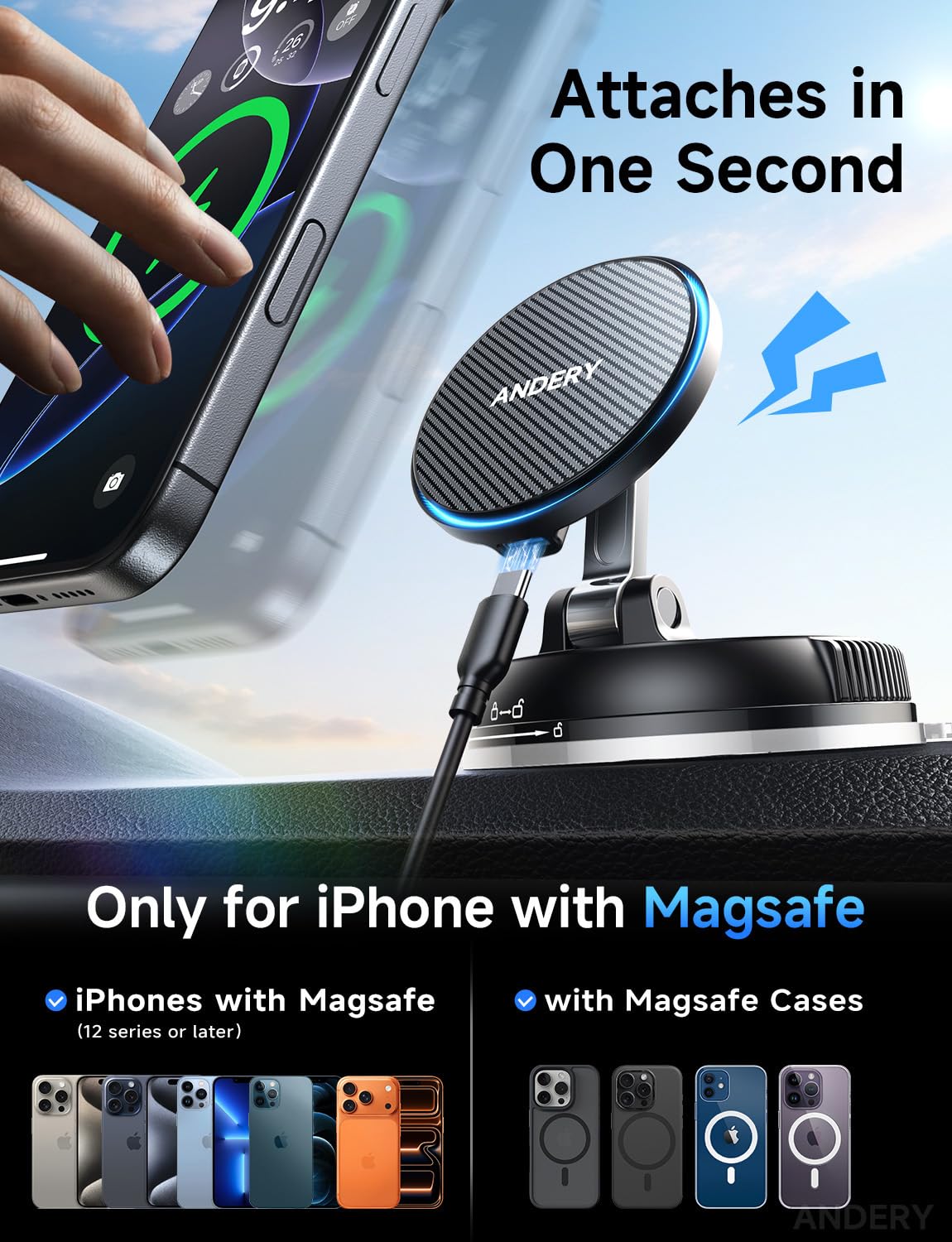 Andery MagSafe compatibility enables quick, seamless attachment for iPhone models.