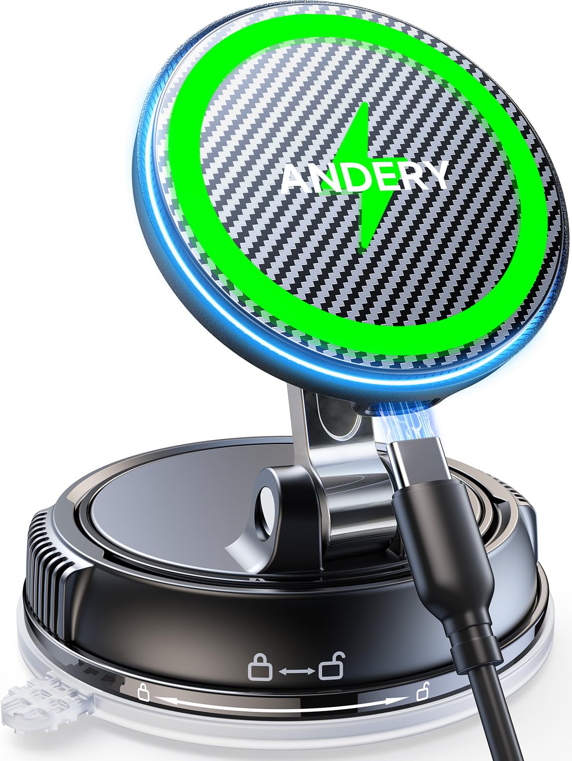 Andery MagSafe car mount with strong suction for a steady hold on rough roads.