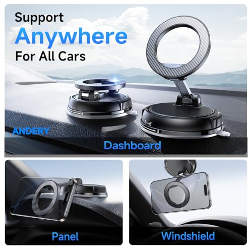 ANDERY suction system with rotating lock keeps devices secure on rough roads.
