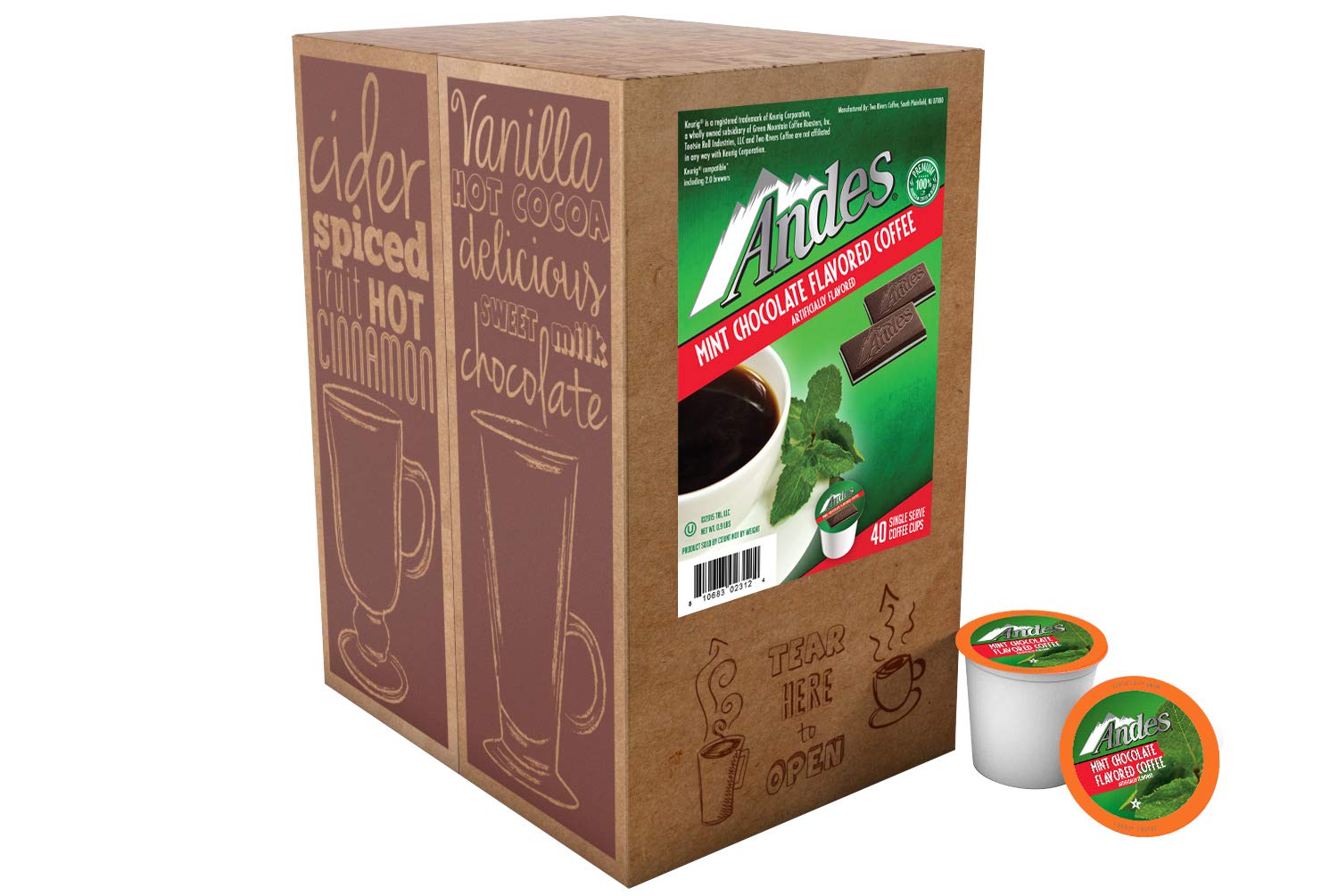 Andes Mints coffee pods close-up shows premium Arabica beans for a smooth cup.