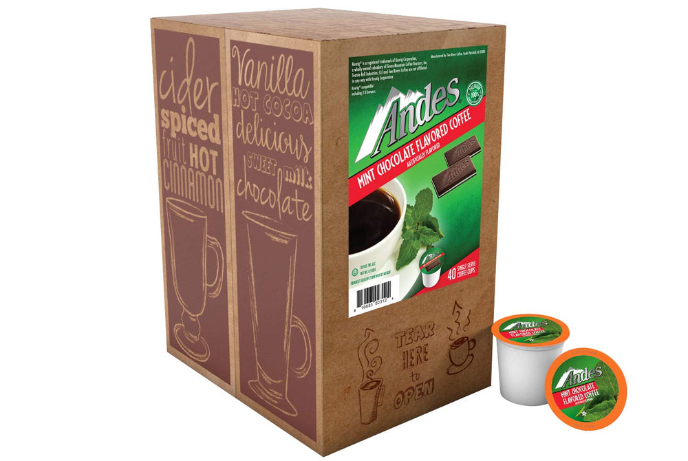 Andes Mints coffee pods close-up shows premium Arabica beans for a smooth cup.