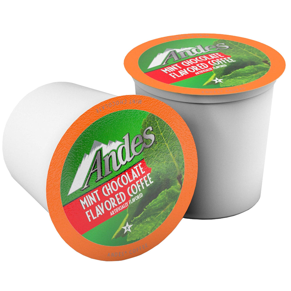 Andes Mints coffee pods packaging demonstrates a 40-count box for home or office.