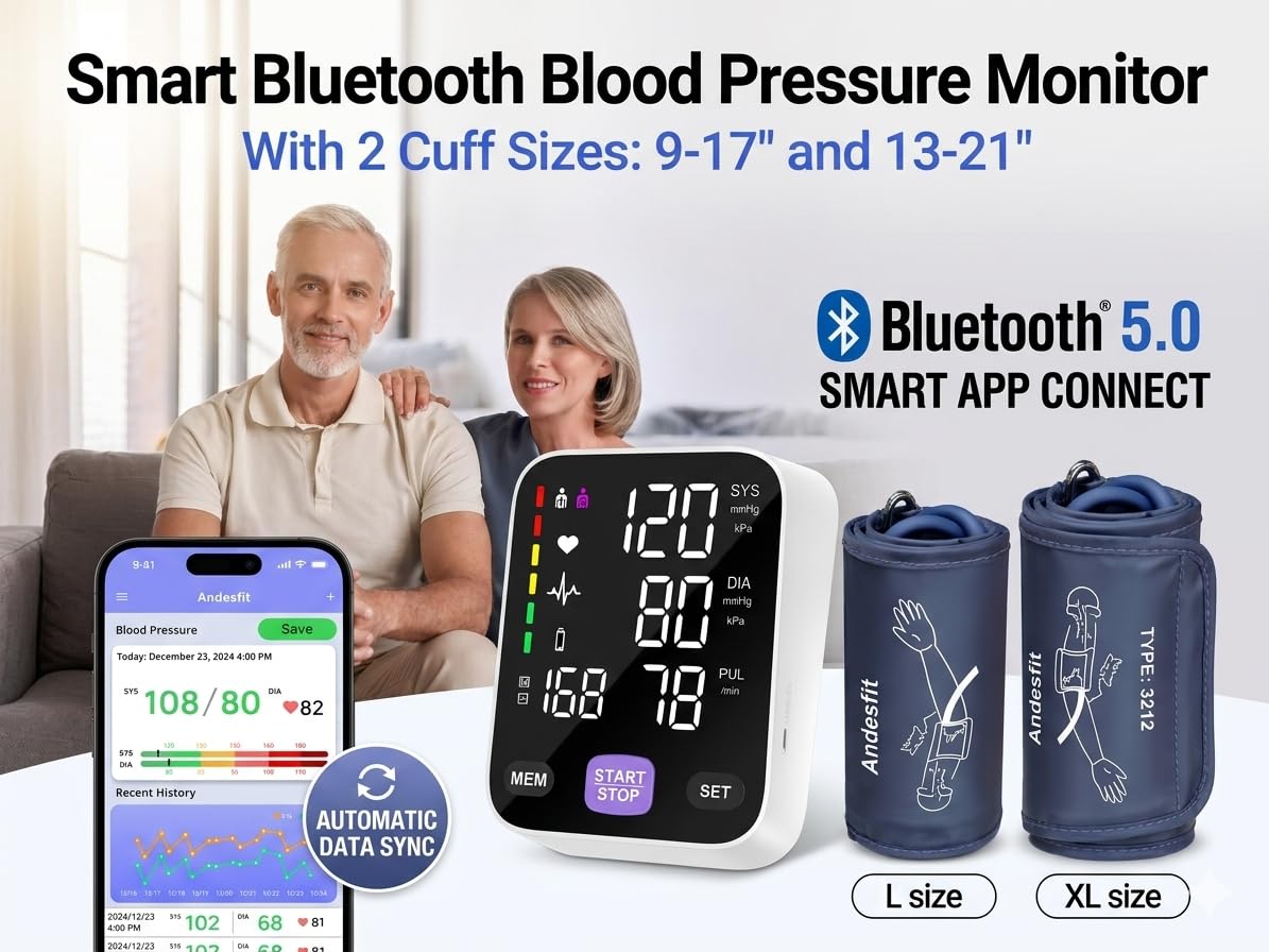 Andesfit BP monitor Bluetooth sync with Apple Health for trend tracking.