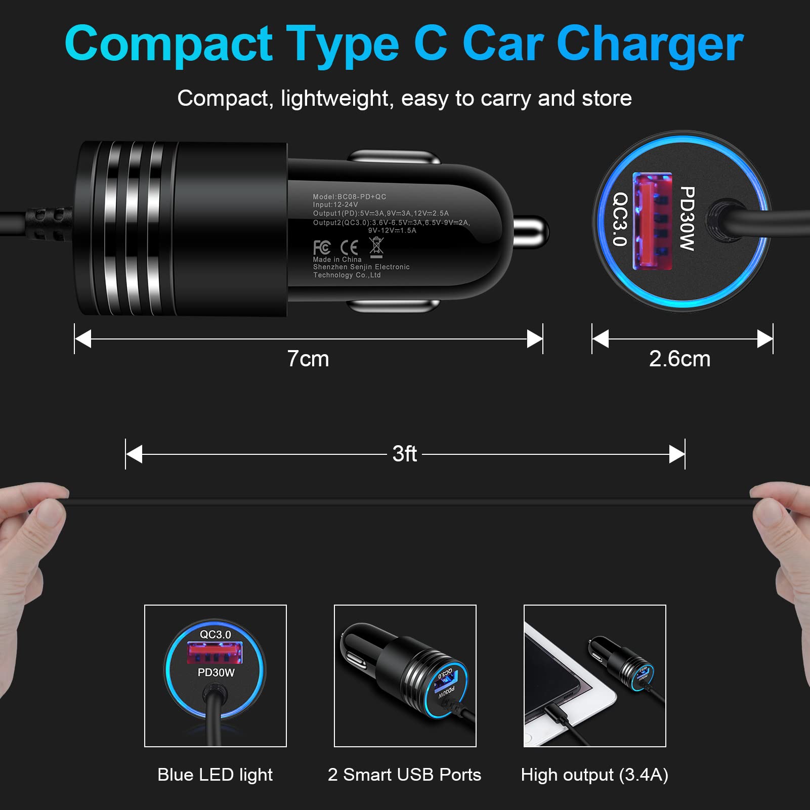 ANDHOT compact charger fits 12V/24V vehicle sockets securely.