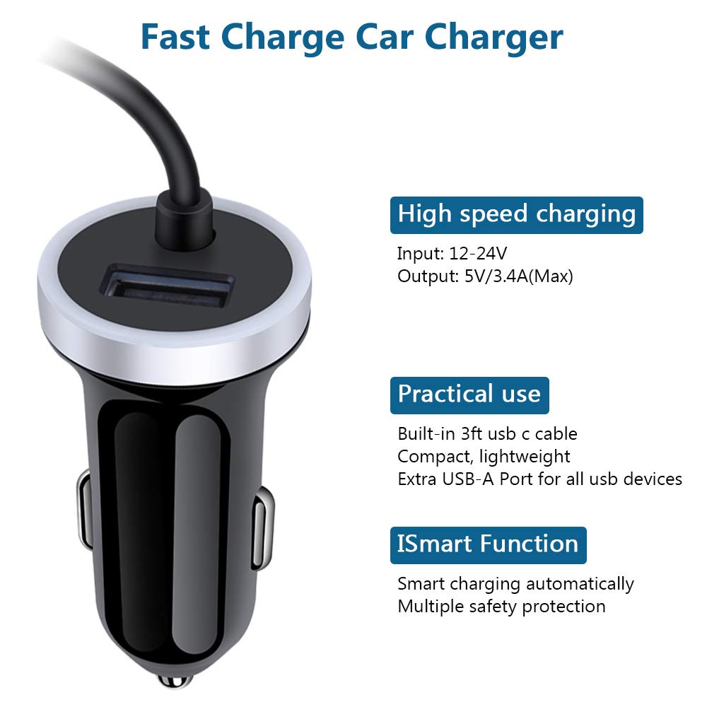 AndHot built-in Type-C cable, 3ft length for flexible vehicle charging.