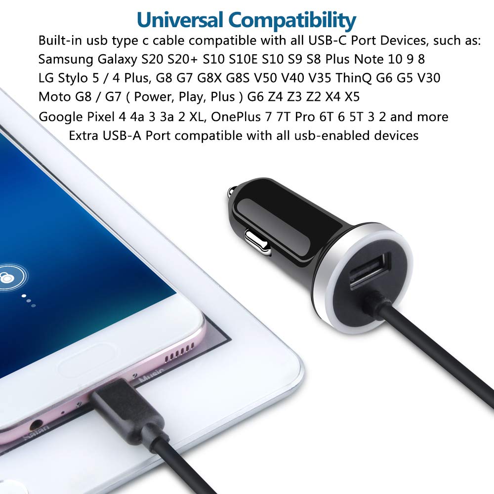 AndHot dual-port car charger powers two devices, compatible with Galaxy, Pixel, and more.