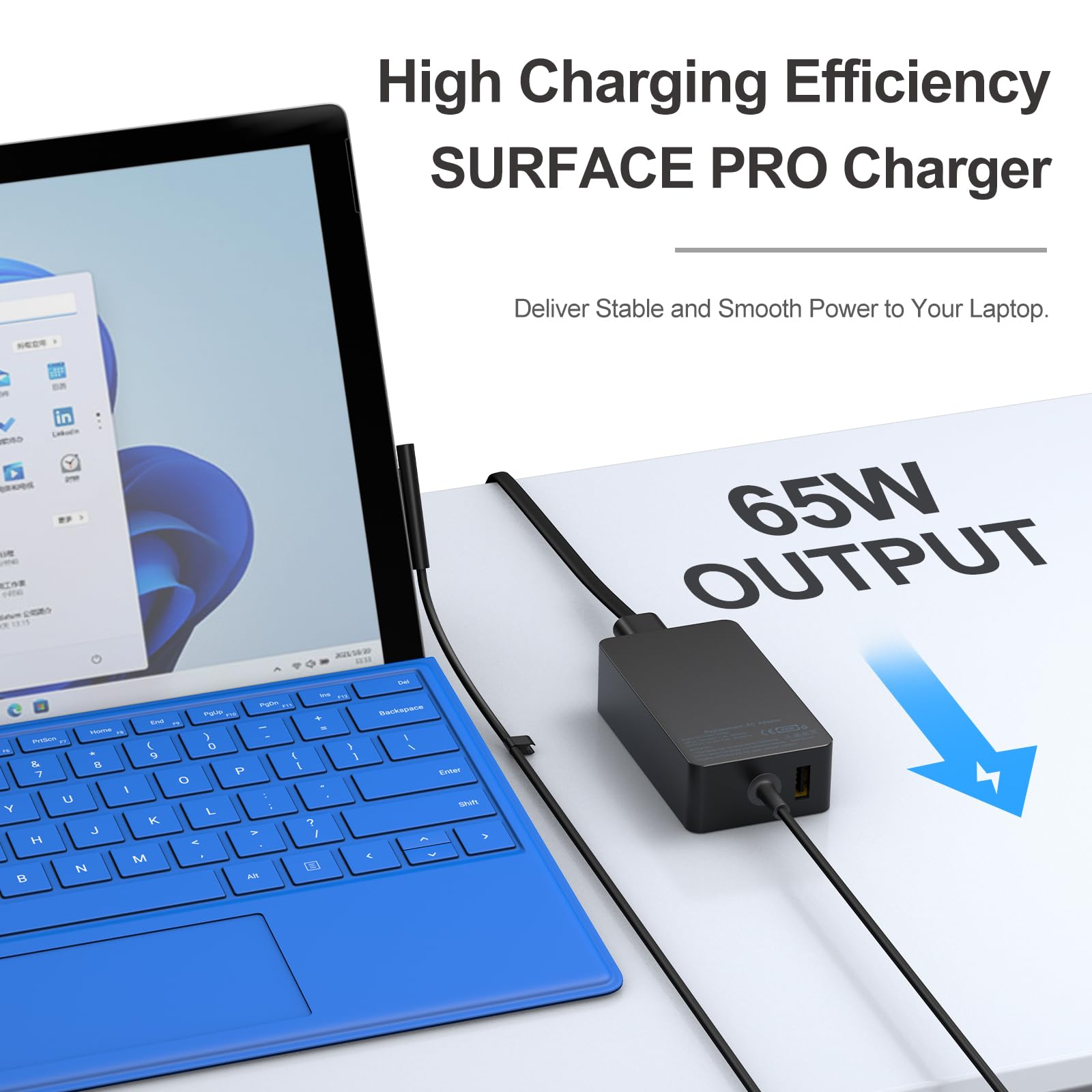 Andingker 65W Surface Pro charger USB port close-up for phone charging.