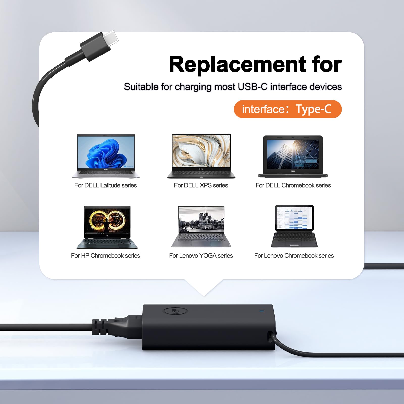Andingker 65W USB-C Dell charger with safety protections against overload.