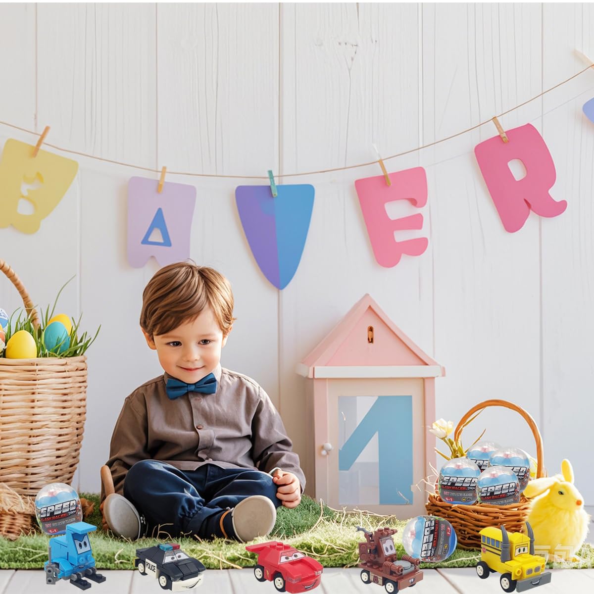 Anditoy eggs showcase a crane truck for construction-themed pretend play.