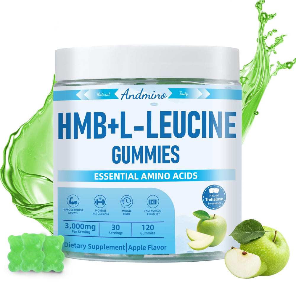 andmino HMB and L-Leucine Gummies bottle shows apple flavor and vegan formula for everyday support.
