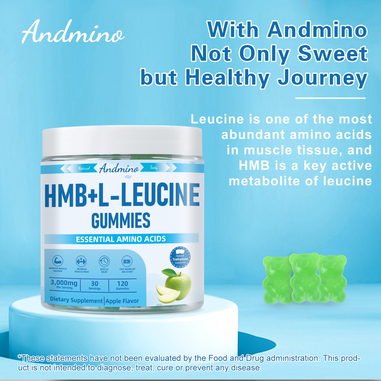 andmino HMB and L-Leucine Gummies packaging shows vegan, gluten-free, non-GMO nutrition.