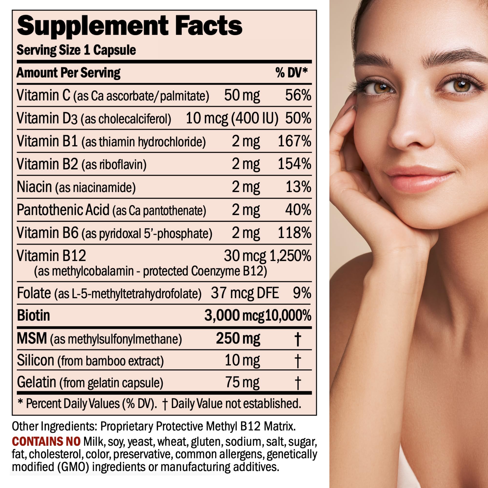 Andrew Lessman Biotin 3000 mcg capsules closeup for strong-looking hair and nails.