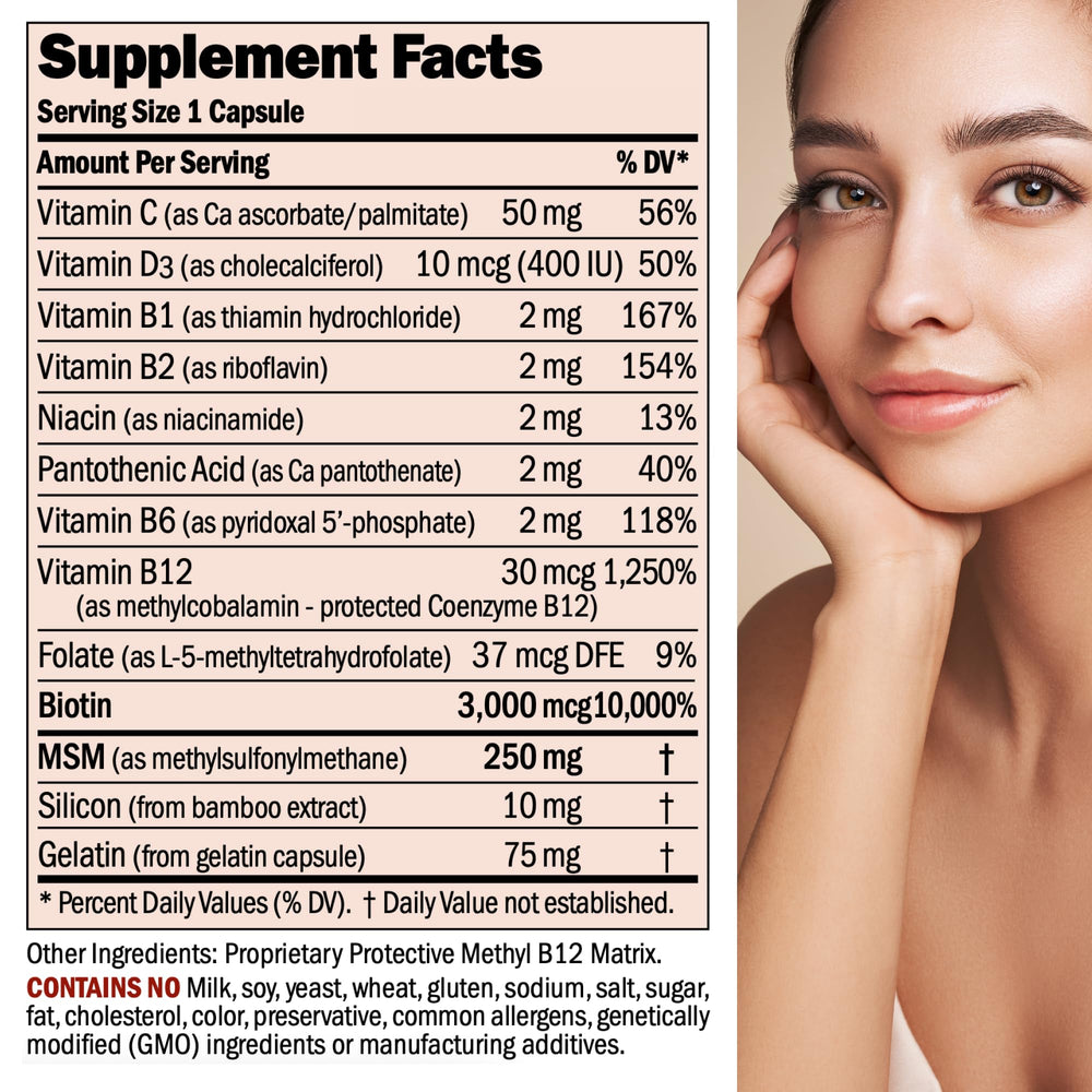Andrew Lessman Biotin 3000 mcg capsules closeup for strong-looking hair and nails.