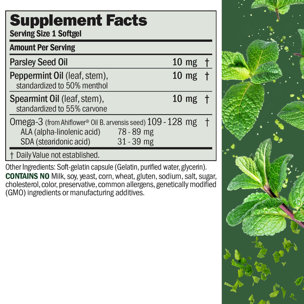 Breath Plus bottle close-up highlighting easy-to-swallow softgels for daily use.
