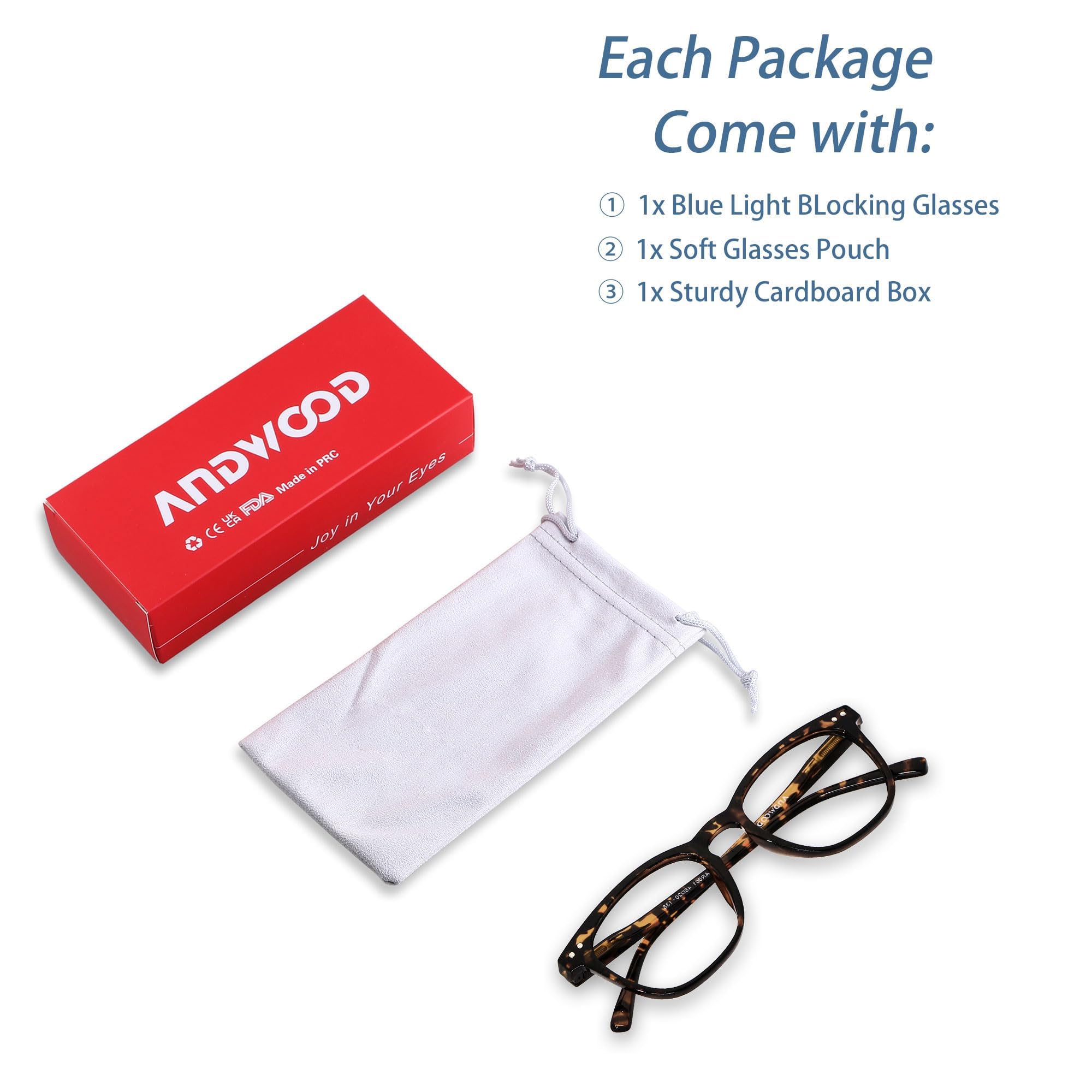 ANDWOOD blue light glasses include protective pouch for safe transport