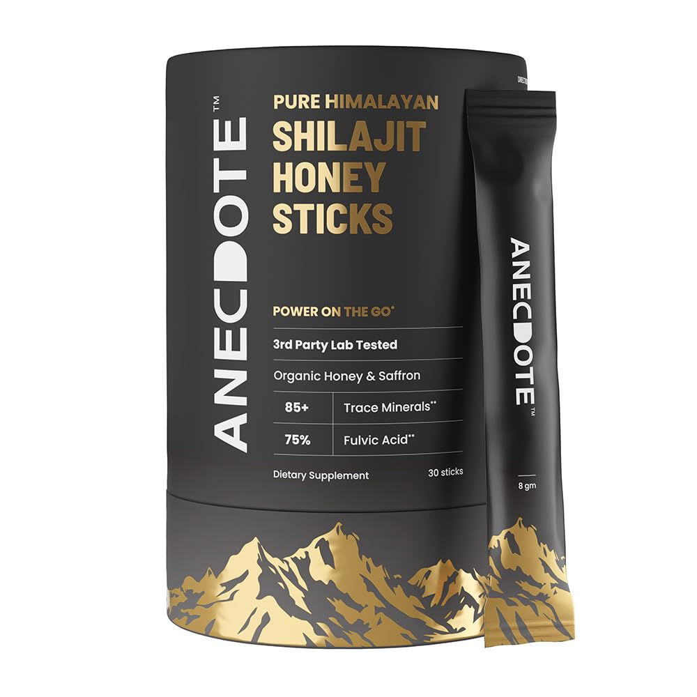 Anecdote Himalayan Shilajit Honey Stick packaging showcases premium ingredients for convenient daily use.