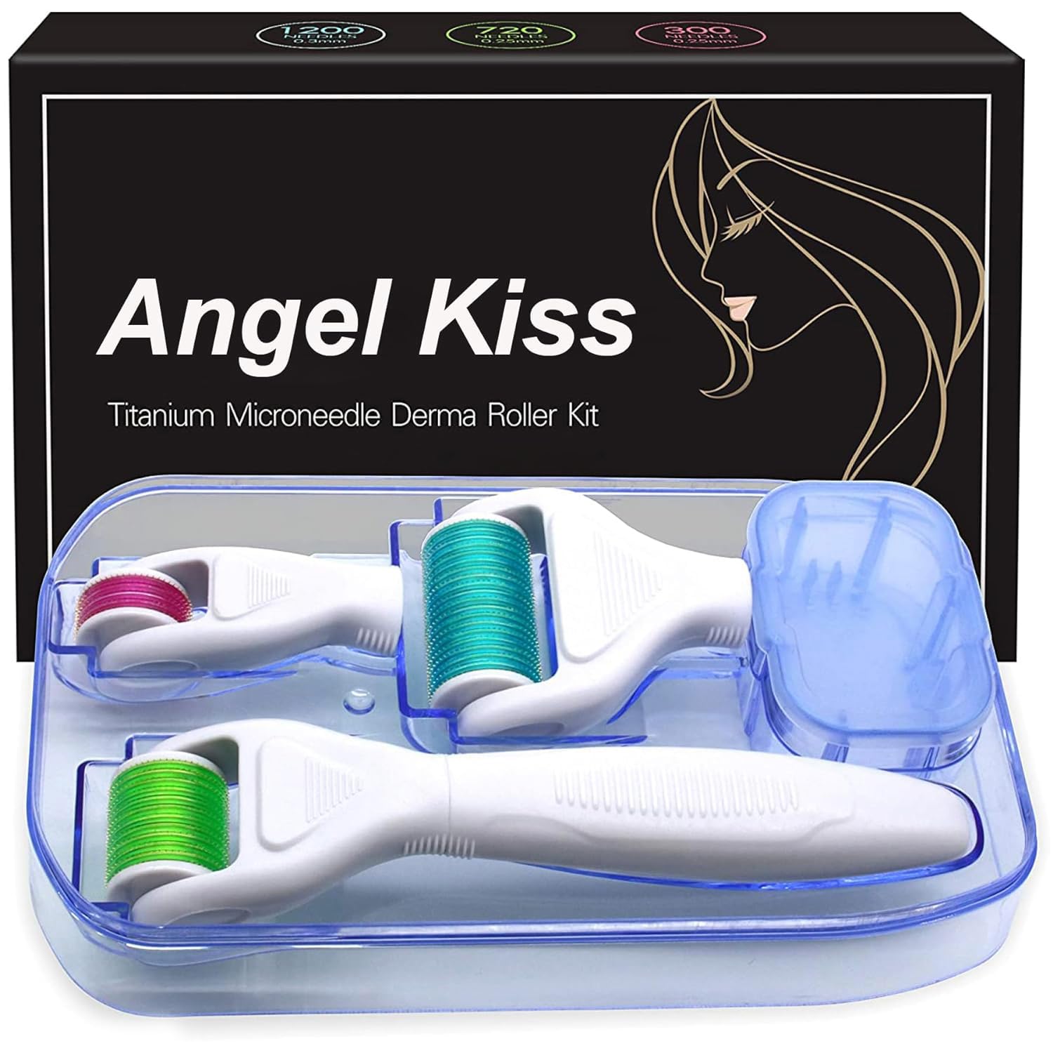 Angel Kiss premium derma roller kit opened to reveal heads and case