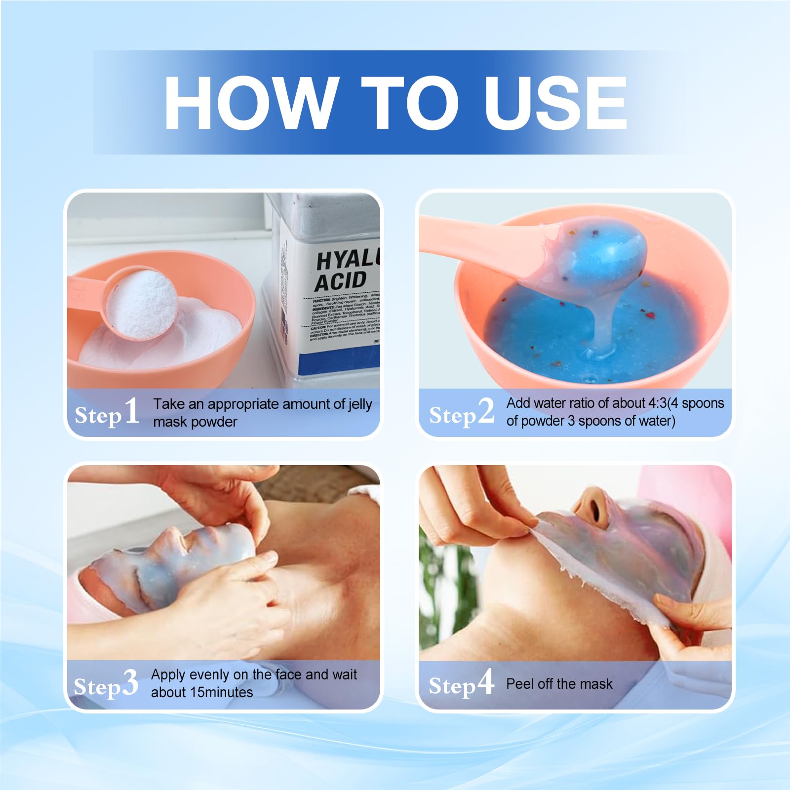 Angeland jelly mask at home spa experience shows easy mix in 4 3 ratio for consistency.