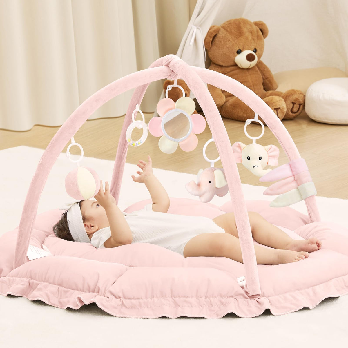 ANGELBLISS 5-in-1 pink baby play gym mat provides generous tummy time space.