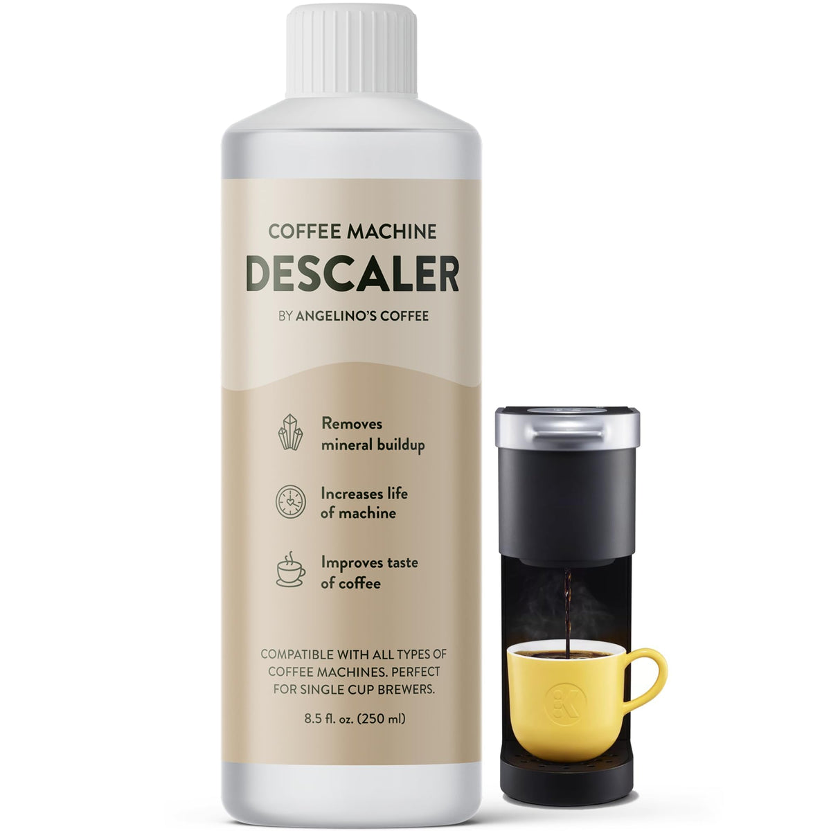 Angelino's Coffee universal descaling bottle ready to restore flow