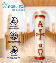 Angelitos de Mexico Paschal red candle featuring the Lamb of God motif for liturgical moments.