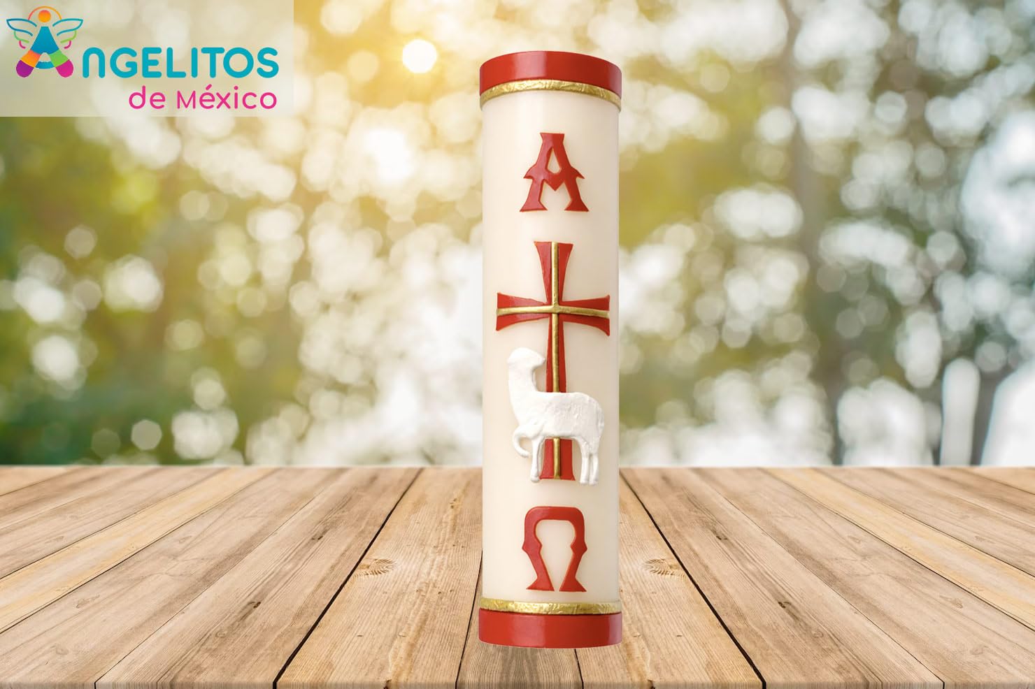 Rich red wax finish on Angelitos de Mexico Paschal red candle for reverent ambiance.