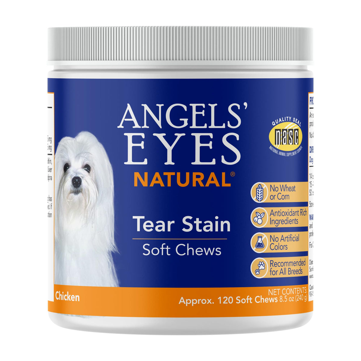 Angels' Eyes Natural tear-stain soft chews packaging supports tear-stain care for dogs.