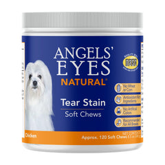 Angels' Eyes Natural tear-stain soft chews packaging supports tear-stain care for dogs.