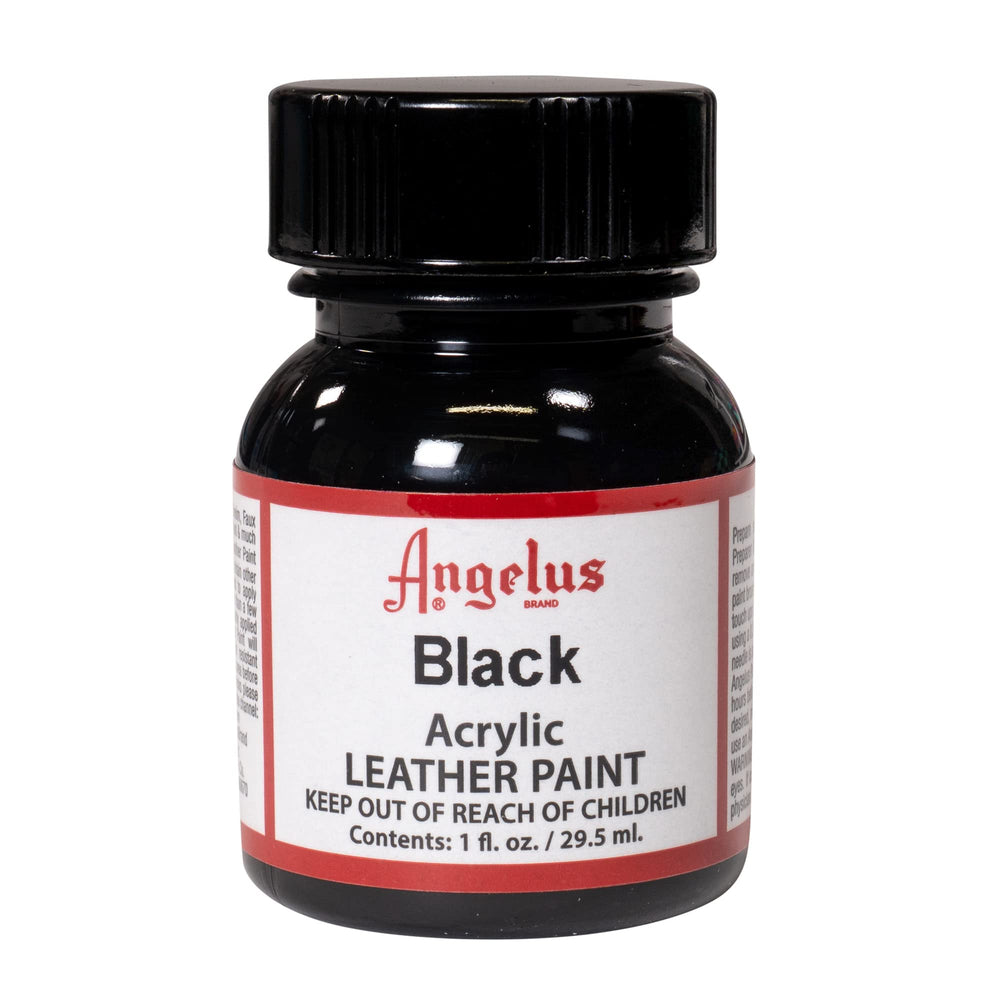 Angelus Black 1oz bottle for precise leather touch-ups on shoes.