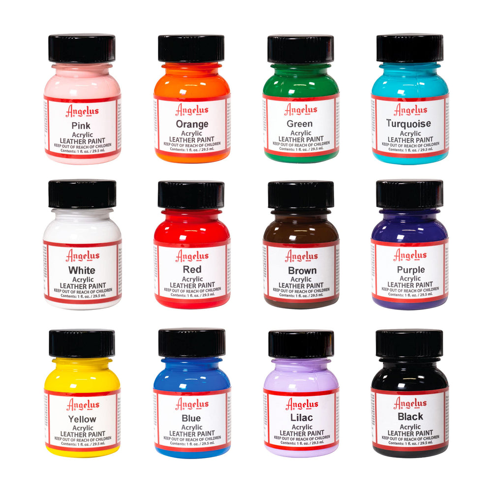 Angelus acrylic leather paint bottles show 12 colors for versatile color matching.