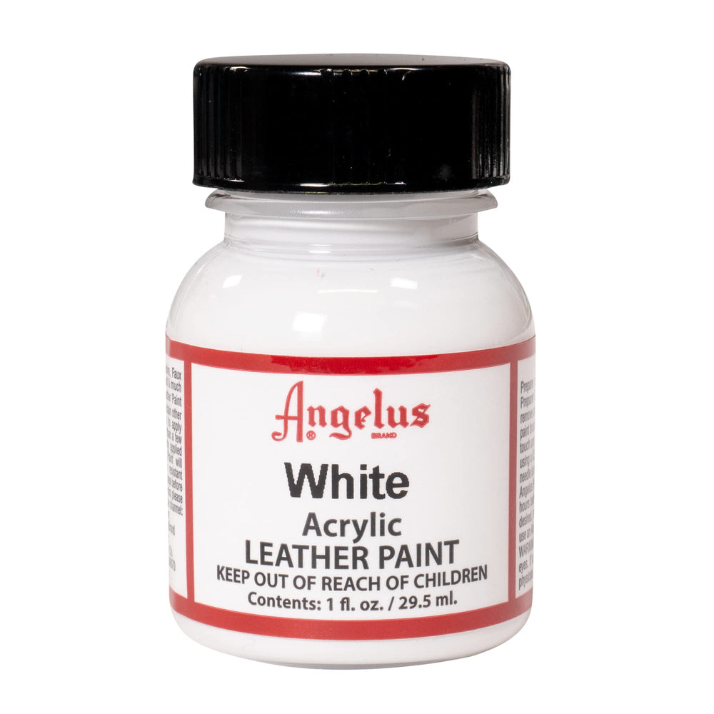 Angelus acrylic leather paint bottle in white, quick-drying formula.
