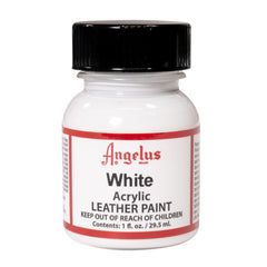 Angelus acrylic leather paint bottle in white, quick-drying formula.