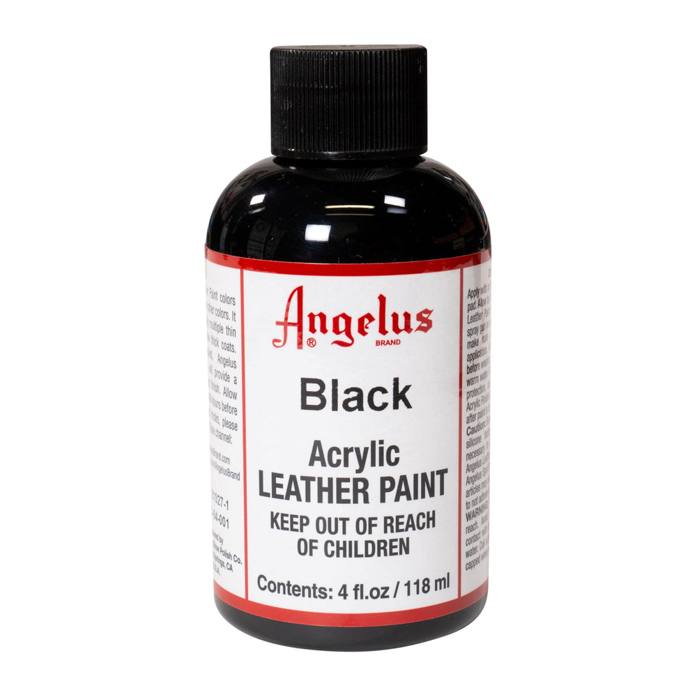 Angelus black acrylic leather paint bottle closeup for versatile restoration projects