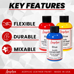 Angelus black acrylic leather paint bottle open for quick, clean color touch ups